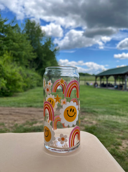 Rainbow Floral Smiley (Two-Sided) Glass