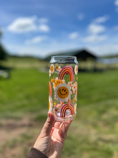 Rainbow Floral Smiley (Two-Sided) Glass